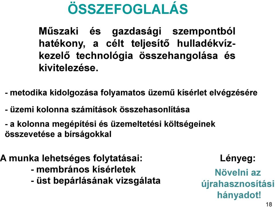 - metodika kidolgozása folyamatos üzemű kísérlet elvégzésére - üzemi kolonna számítások összehasonlítása - a