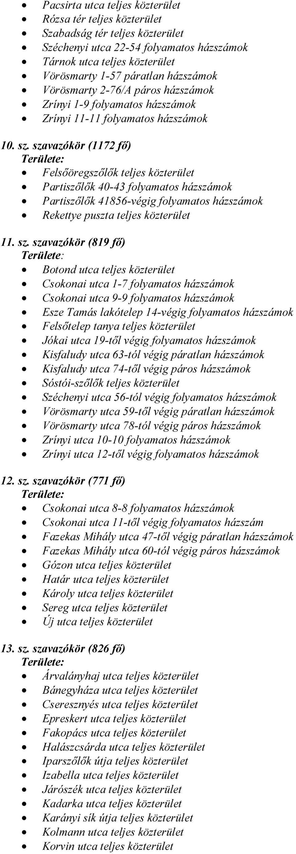 szavazókör (1172 fő) Felsőöregszőlők teljes közterület Partiszőlők 40-43 folyamatos házszámok Partiszőlők 41856-végig folyamatos házszámok Rekettye puszta teljes közterület 11. sz.