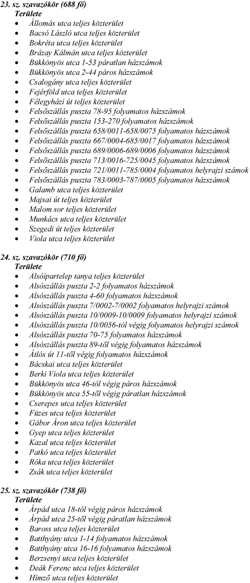 Bükkönyös utca 2-44 páros házszámok Csalogány utca teljes közterület Fejérföld utca teljes közterület Félegyházi út teljes közterület Felsőszállás puszta 78-95 folyamatos házszámok Felsőszállás