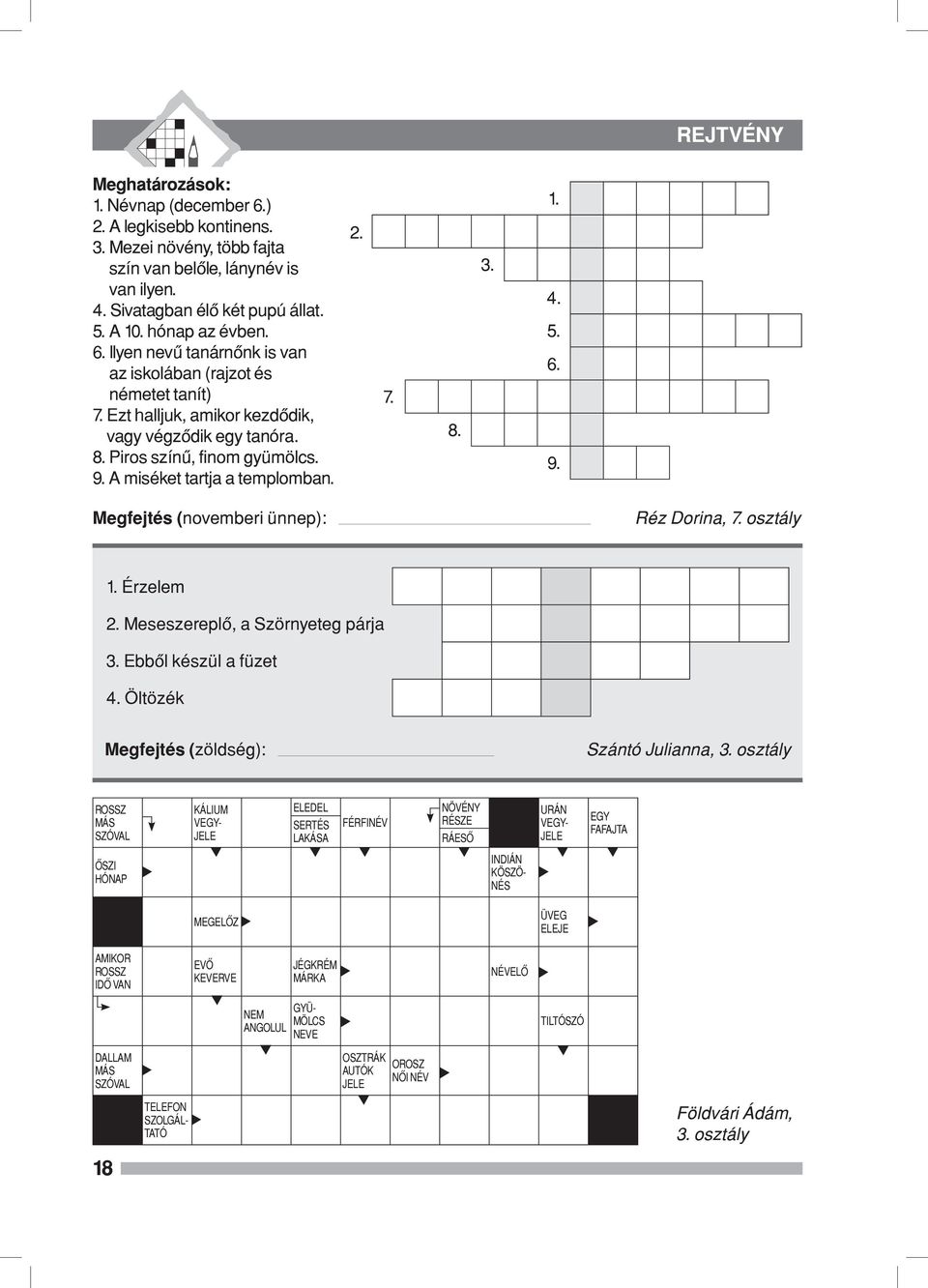 1. 4. 5. 6. 9. Megfejtés (novemberi ünnep): Réz Dorina, 7. osztály 1. Érzelem 2. Meseszereplő, a Szörnyeteg párja 3. Ebből készül a füzet 4. Öltözék Megfejtés (zöldség): Szántó Julianna, 3.