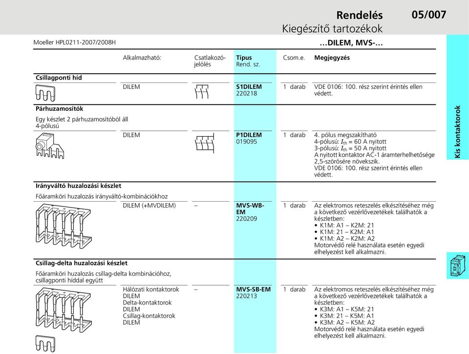 Párhuzamosítók Egy készlet 2 párhuzamosítóból áll 4-pólusú DILEM P1DILEM 019095 Irányváltó huzalozási készlet Fõáramköri huzalozás irányváltó-kombinációkhoz DILEM (+MVDILEM) MVS-WB- EM 220209