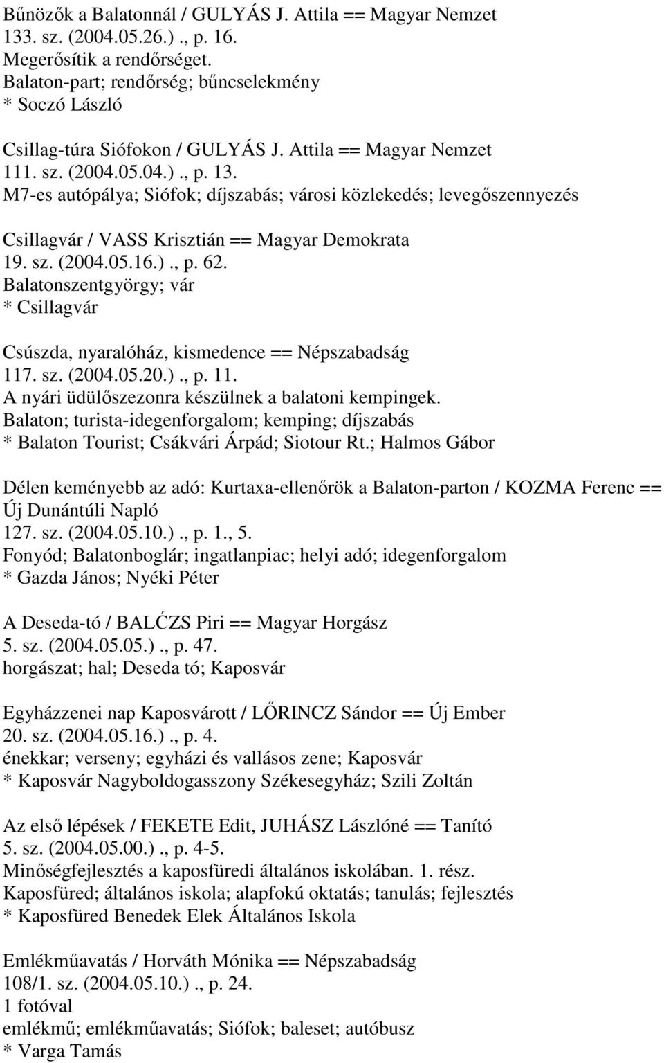 M7-es autópálya; Siófok; díjszabás; városi közlekedés; levegőszennyezés Csillagvár / VASS Krisztián == Magyar Demokrata 19. sz. (2004.05.16.)., p. 62.
