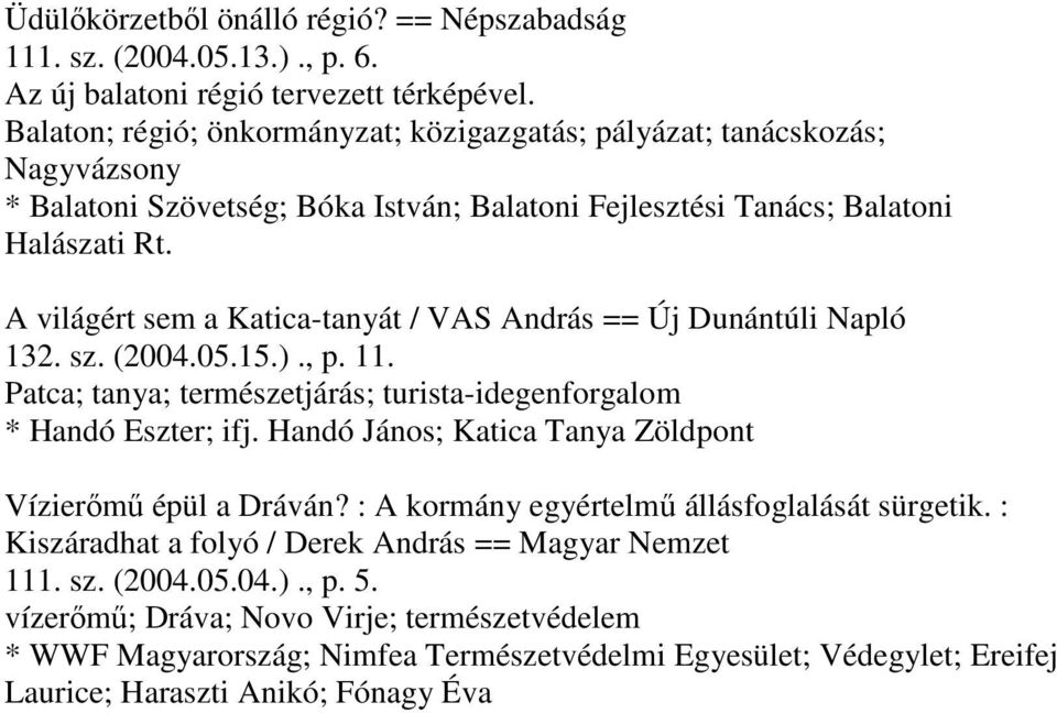 A világért sem a Katica-tanyát / VAS András == Új Dunántúli Napló 132. sz. (2004.05.15.)., p. 11. Patca; tanya; természetjárás; turista-idegenforgalom * Handó Eszter; ifj.