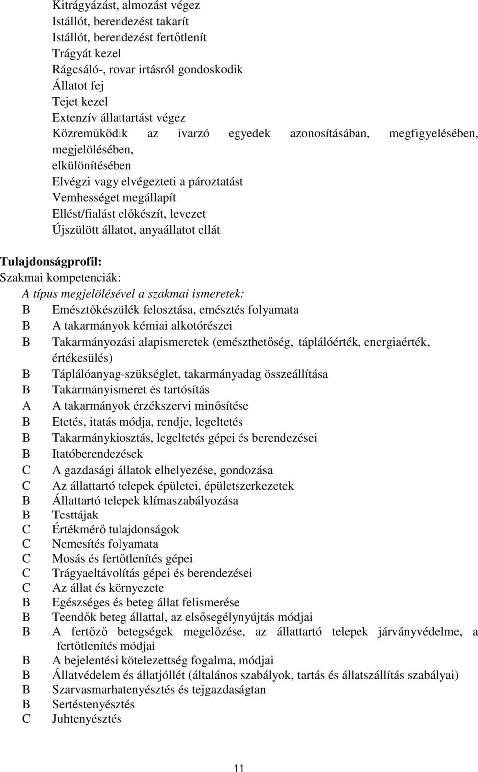 Újszülött állatot, anyaállatot ellát Tulajdonságprofil: Szakmai kompetenciák: típus megjelölésével a szakmai ismeretek: Emésztőkészülék felosztása, emésztés folyamata takarmányok kémiai alkotórészei