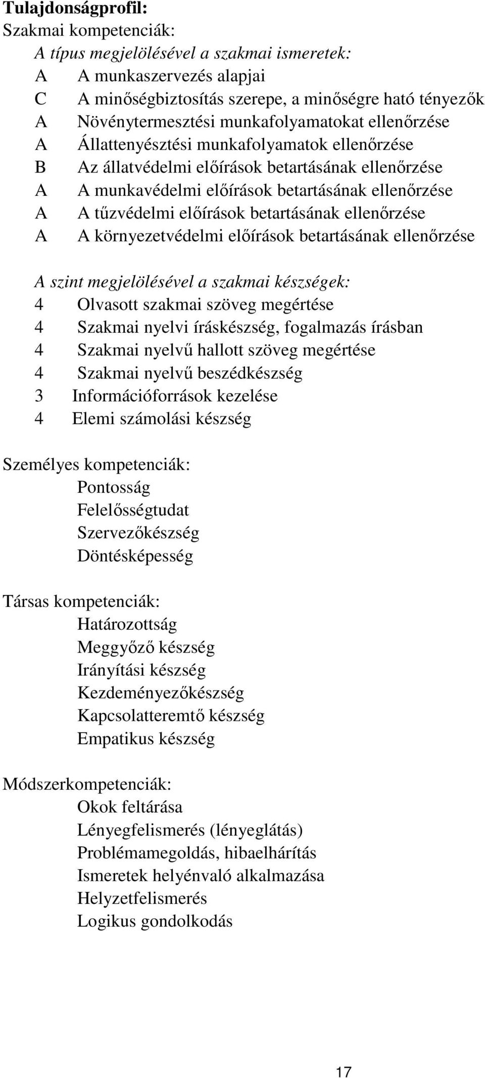 ellenőrzése környezetvédelmi előírások betartásának ellenőrzése szint megjelölésével a szakmai készségek: 4 Olvasott szakmai szöveg megértése 4 Szakmai nyelvi íráskészség, fogalmazás írásban 4