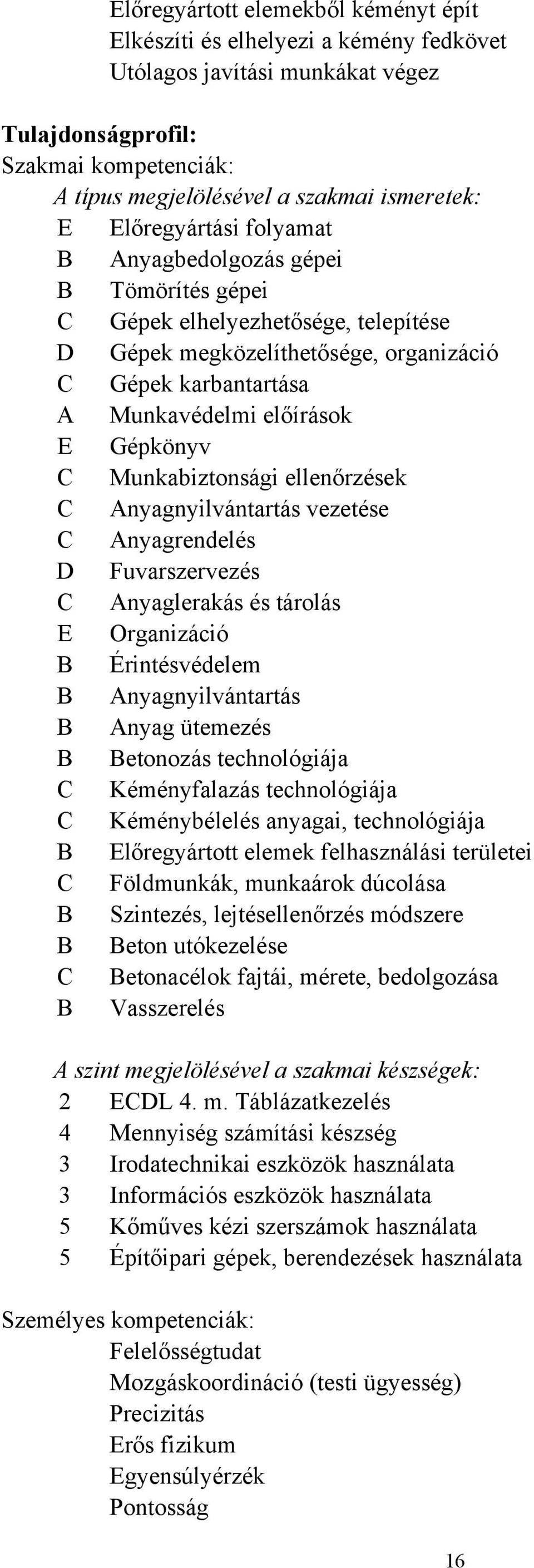 C Munkabiztonsági ellenőrzések C Anyagnyilvántartás vezetése C Anyagrendelés D Fuvarszervezés C Anyaglerakás és tárolás E Organizáció B Érintésvédelem B Anyagnyilvántartás B Anyag ütemezés B