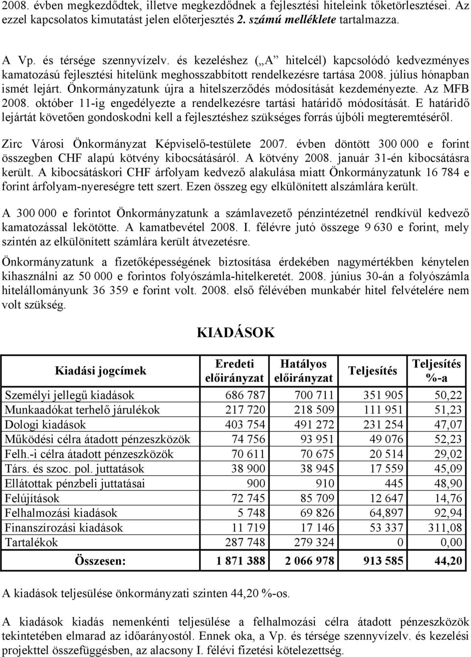 Önkormányzatunk újra a hitelszerződés módosítását kezdeményezte. Az MFB 2008. október 11-ig engedélyezte a rendelkezésre tartási határidő módosítását.