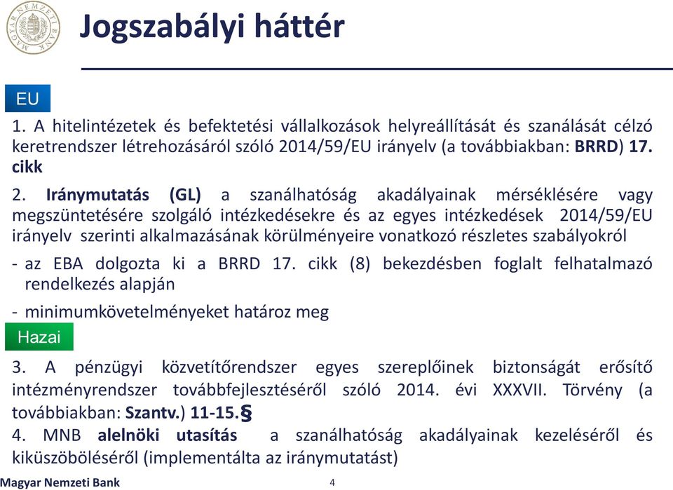 részletes szabályokról - az EBA dolgozta ki a BRRD 17. cikk (8) bekezdésben foglalt felhatalmazó rendelkezés alapján - minimumkövetelményeket határoz meg Hazai 3.