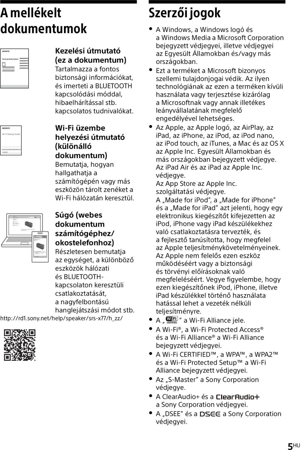 Súgó (webes dokumentum számítógéphez/ okostelefonhoz) Részletesen bemutatja az egységet, a különböző eszközök hálózati és BLUETOOTHkapcsolaton keresztüli csatlakoztatását, a nagyfelbontású