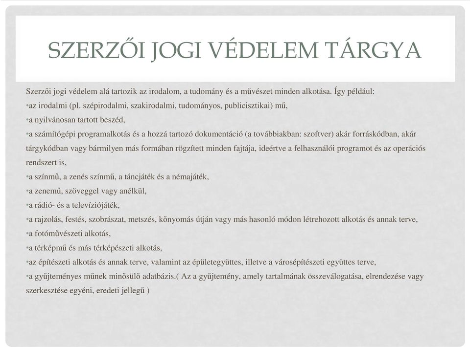 akár tárgykódban vagy bármilyen más formában rögzített minden fajtája, ideértve a felhasználói programot és az operációs rendszert is, a színmű, a zenés színmű, a táncjáték és a némajáték, a zenemű,