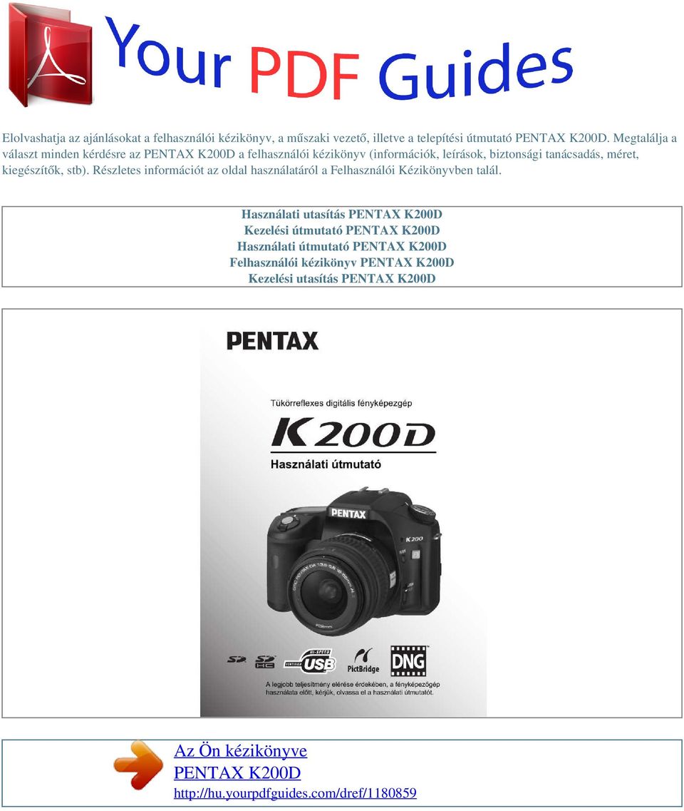 Az Ön kézikönyve PENTAX K200D - PDF Ingyenes letöltés