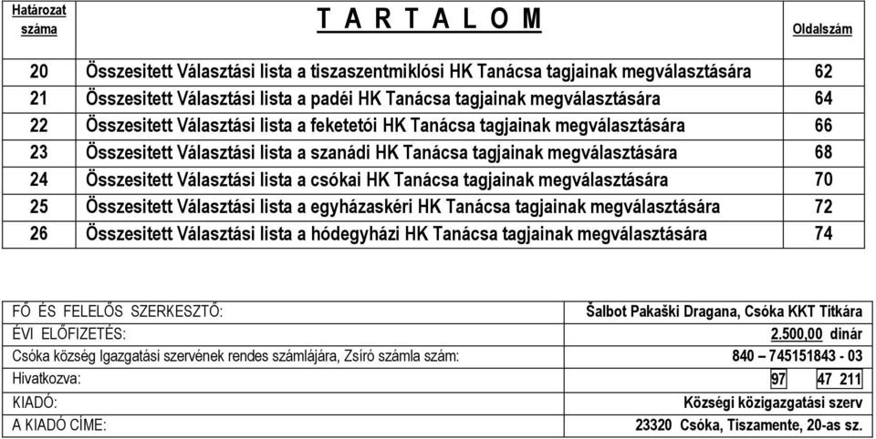 Választási lista a csókai HK Tanácsa tagjainak megválasztására 70 25 Összesitett Választási lista a egyházaskéri HK Tanácsa tagjainak megválasztására 72 26 Összesitett Választási lista a hódegyházi