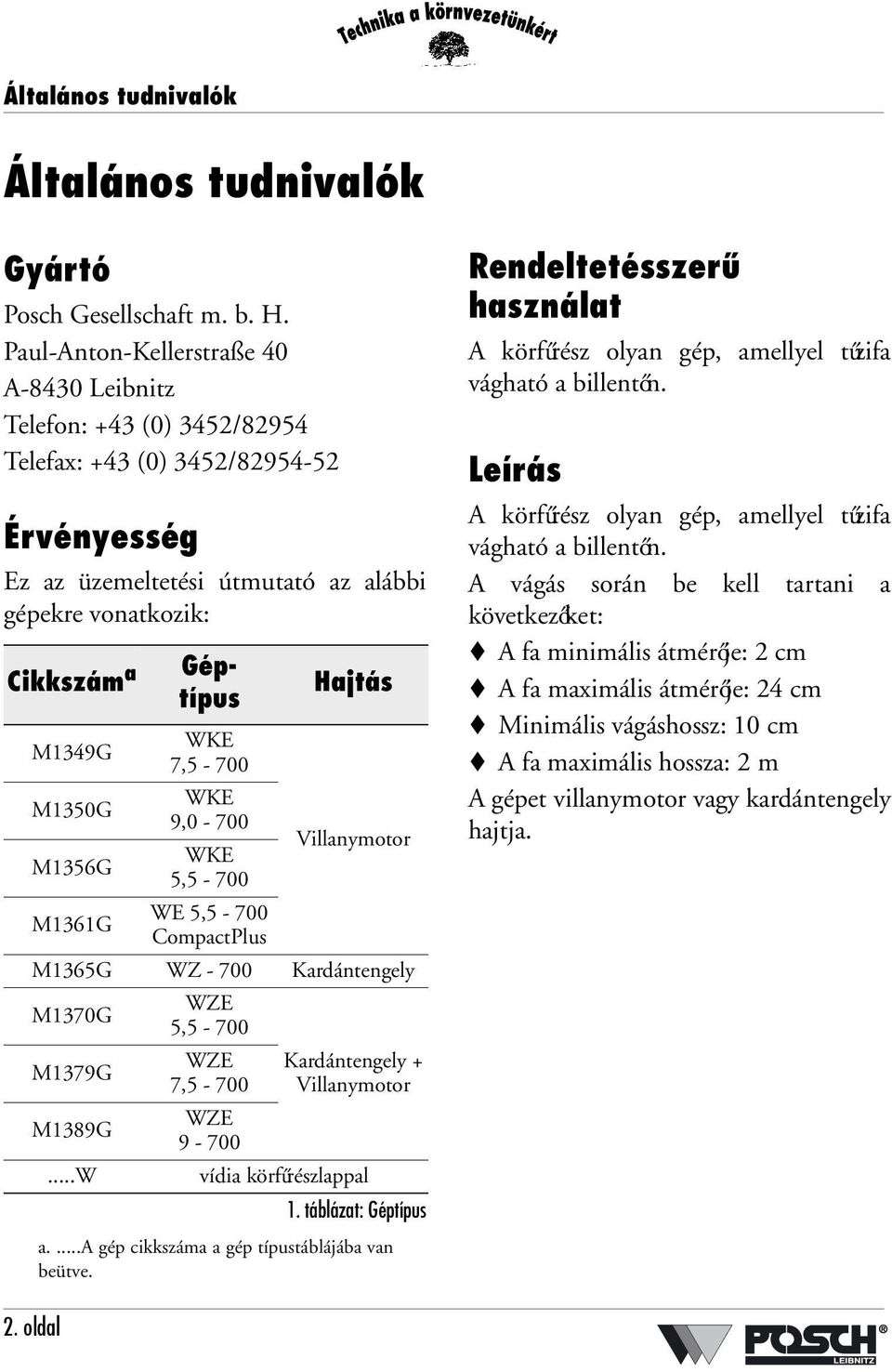 M1356G Géptípus WKE 7,5-700 WKE 9,0-700 WKE 5,5-700 Hajtás Villanymotor M1361G WE 5,5-700 CompactPlus M1365G WZ - 700 Kardántengely M1370G M1379G M1389G.