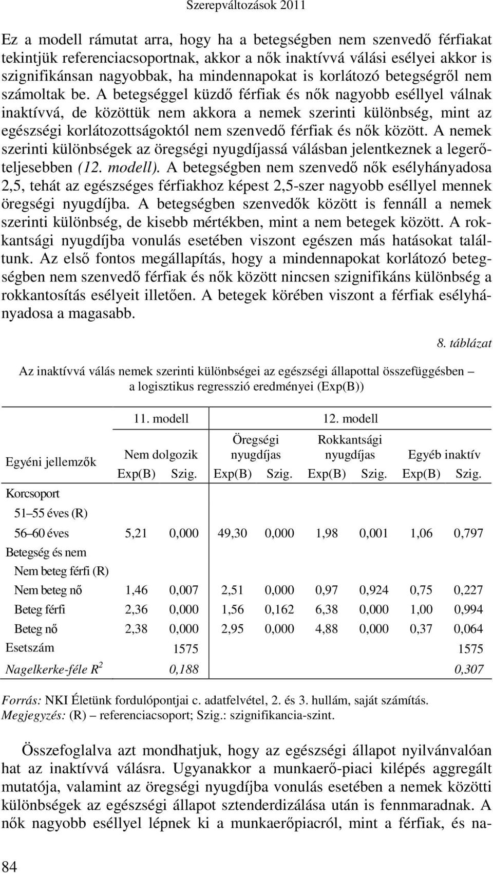 A betegséggel küzdı férfiak és nık nagyobb eséllyel válnak inaktívvá, de közöttük nem akkora a nemek szerinti különbség, mint az egészségi korlátozottságoktól nem szenvedı férfiak és nık között.