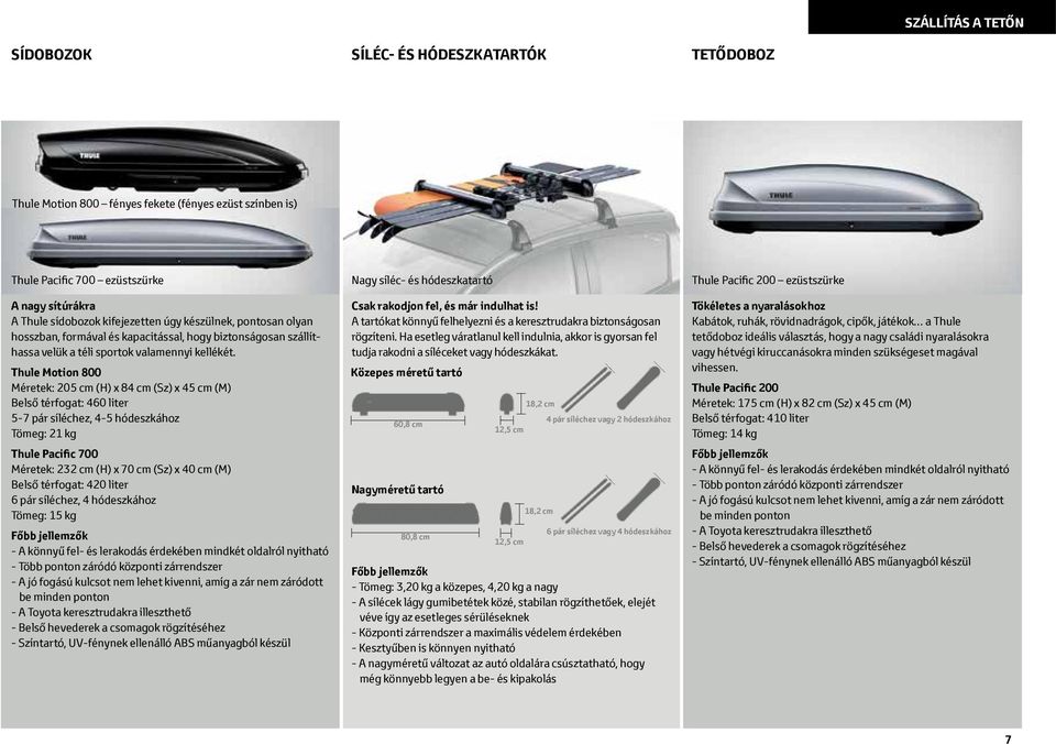 Thule Motion 800 Méretek: 205 cm (H) x 84 cm (Sz) x 45 cm (M) Belső térfogat: 460 liter 5-7 pár síléchez, 4-5 hódeszkához Tömeg: 21 kg Thule Pacific 700 Méretek: 232 cm (H) x 70 cm (Sz) x 40 cm (M)