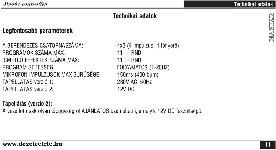 2: Technikai adatok 4x2 (4 impulzus, 4 fényerõ) 11 + RND 11 + RND FOLYAMATOS (1-20HZ) 150ms (400 bpm) 230V AC, 50Hz 12V DC