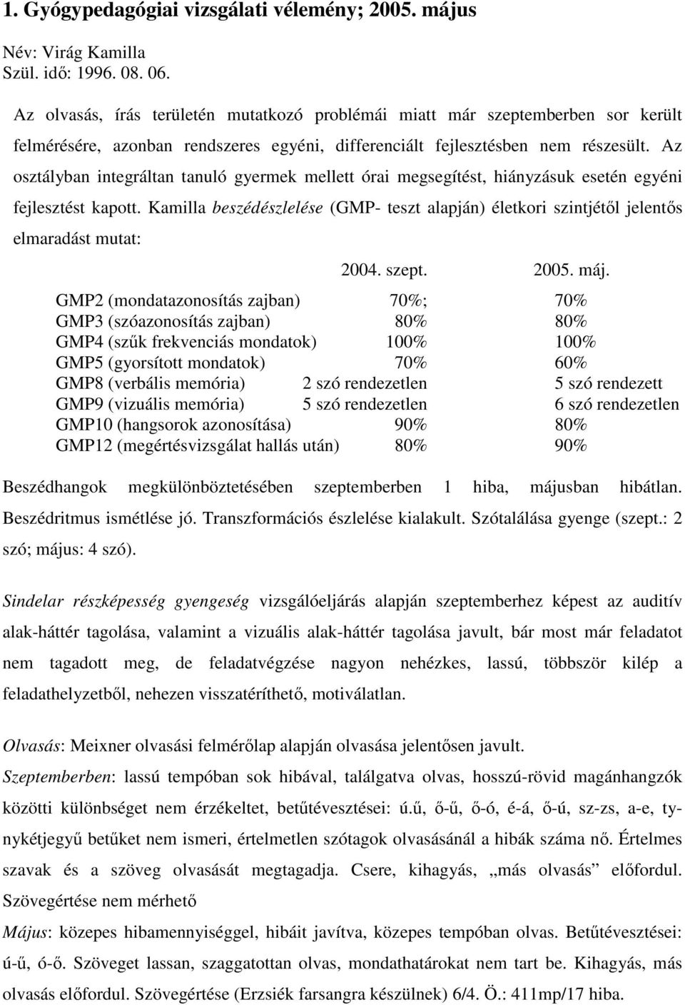 Az osztályban integráltan tanuló gyermek mellett órai megsegítést, hiányzásuk esetén egyéni fejlesztést kapott.