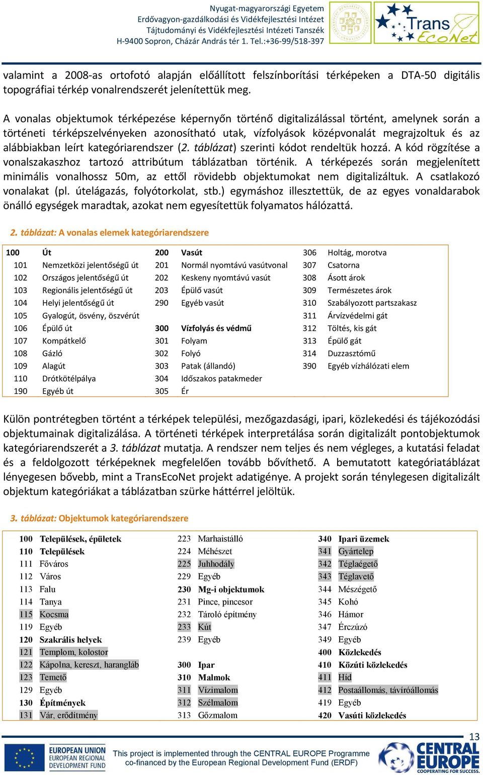 leírt kategóriarendszer (2. táblázat) szerinti kódot rendeltük hozzá. A kód rögzítése a vonalszakaszhoz tartozó attribútum táblázatban történik.