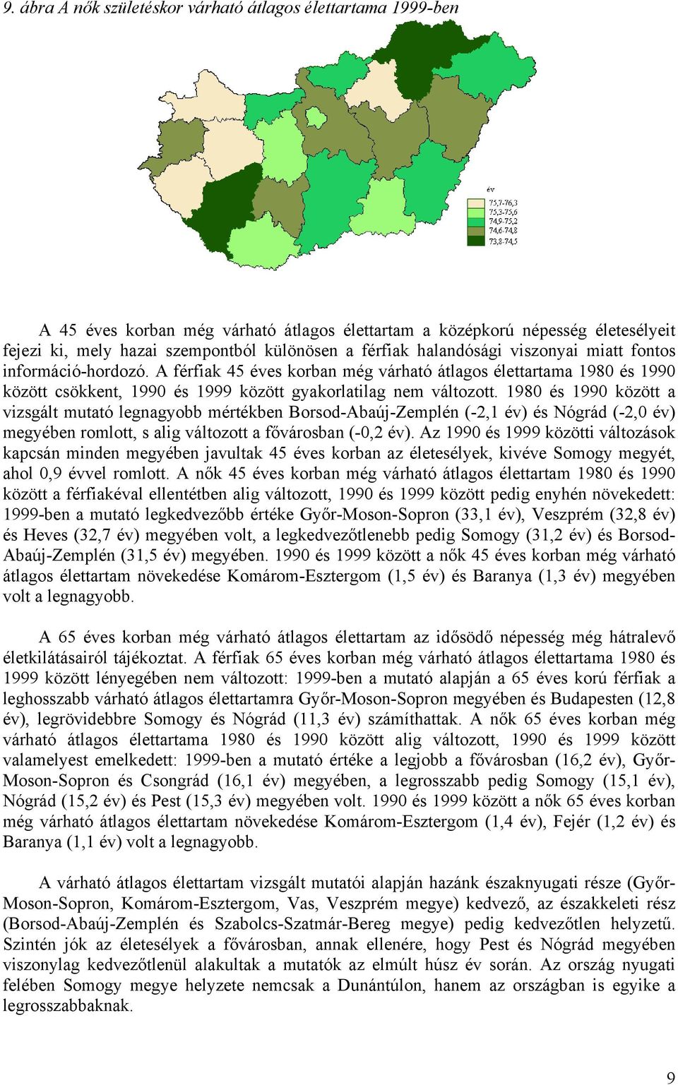 1980 és 1990 között a vizsgált mutató legnagyobb mértékben Borsod-Abaúj-Zemplén (-2,1 év) és Nógrád (-2,0 év) megyében romlott, s alig változott a fővárosban (-0,2 év).