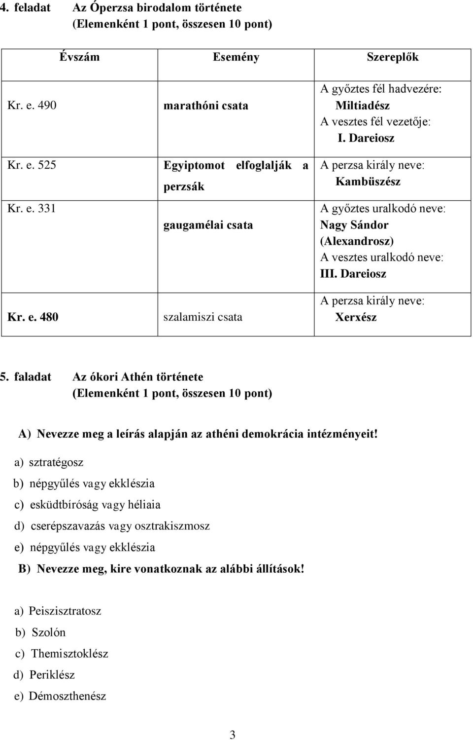 Dareiosz A perzsa király neve: Kambüszész A győztes uralkodó neve: Nagy Sándor (Alexandrosz) A vesztes uralkodó neve: III. Dareiosz A perzsa király neve: Xerxész 5.