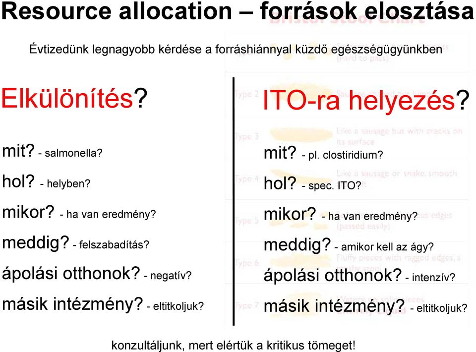 - negatív? másik intézmény? - eltitkoljuk? mit? - pl. clostiridium? hol? - spec. ITO? mikor? - ha van eredmény? meddig?