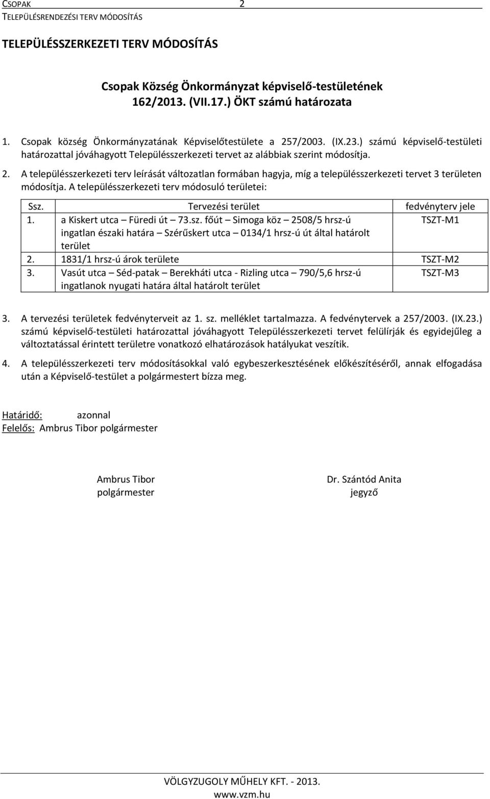 A településszerkezeti terv módosuló területei: Ssz. Tervezési terület fedvényterv jele 1. a Kiskert utca Füredi út 73.sz. főút Simoga köz 2508/5 hrsz-ú TSZT-M1 ingatlan északi határa Szérűskert utca 0134/1 hrsz-ú út által határolt terület 2.