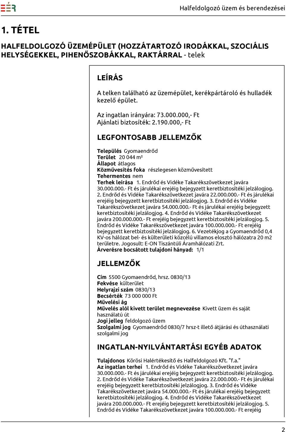 000,- Ft Település Gyomaendrőd Terület 20 044 m² Állapot átlagos Közművesítés foka részlegesen közművesített Tehermentes nem Terhek leírása 1. Endrőd és Vidéke Takarékszövetkezet javára 30.000.000.- Ft és járulékai erejéig bejegyzett keretbiztosítéki jelzálogjog.