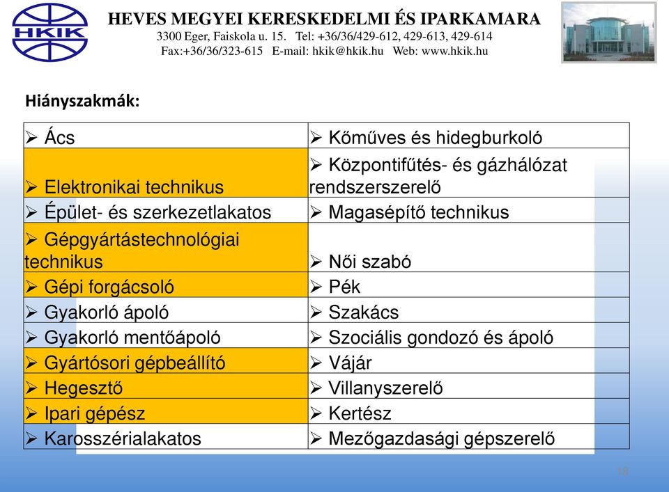 hu Hiányszakmák: Ács Elektronikai technikus Épület- és szerkezetlakatos Gépgyártástechnológiai technikus Gépi forgácsoló Gyakorló ápoló