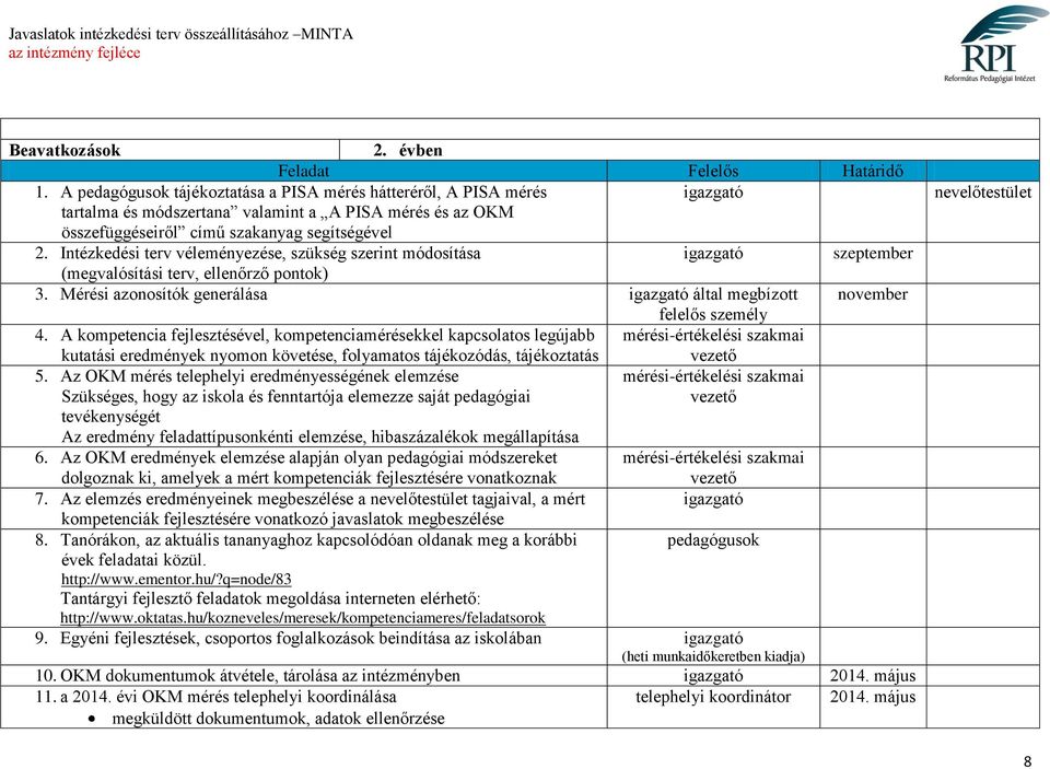 Intézkedési terv véleményezése, szükség szerint módosítása szeptember (megvalósítási terv, ellenőrző pontok) 3. Mérési azonosítók generálása által megbízott november felelős személy 4.