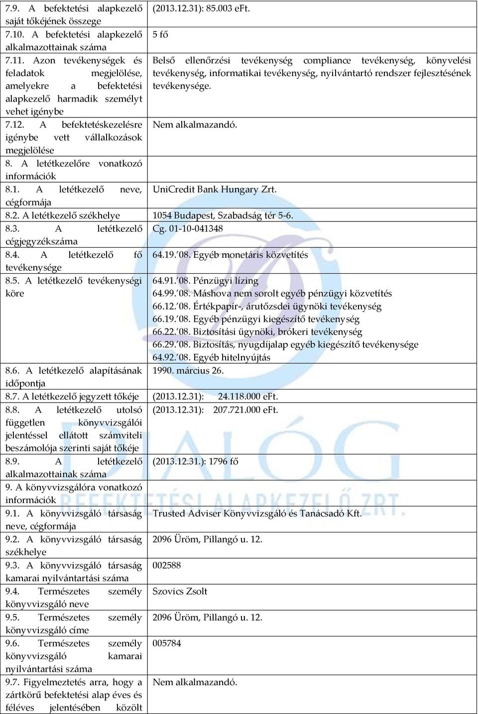 A letétkezelőre vonatkozó információk 8.1. A letétkezelő neve, cégformája (2013.12.31): 85.003 eft.