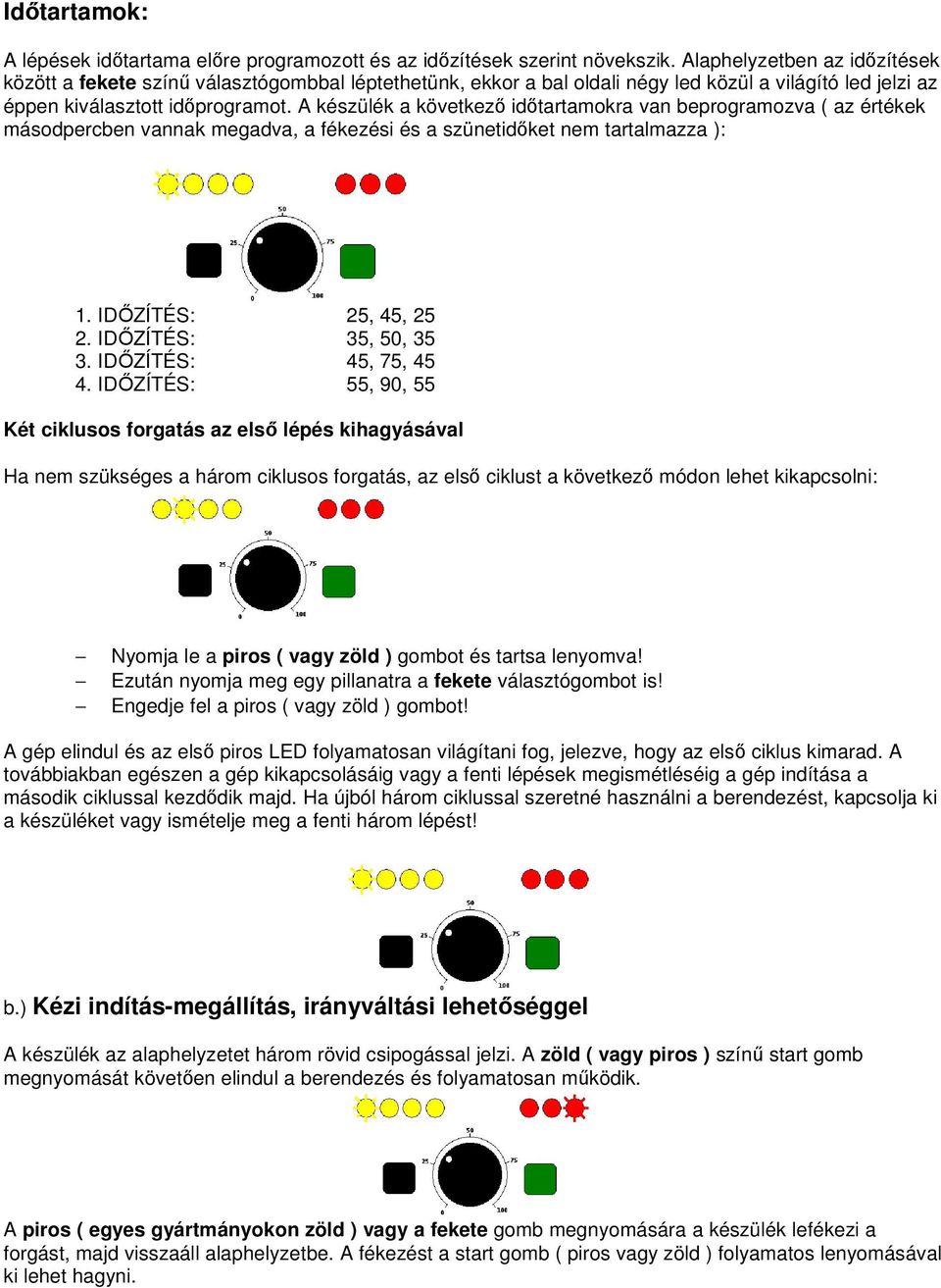 A készülék a következő időtartamokra van beprogramozva ( az értékek másodpercben vannak megadva, a fékezési és a szünetidőket nem tartalmazza ): 1. IDŐZÍTÉS: 25, 45, 25 2. IDŐZÍTÉS: 35, 50, 35 3.