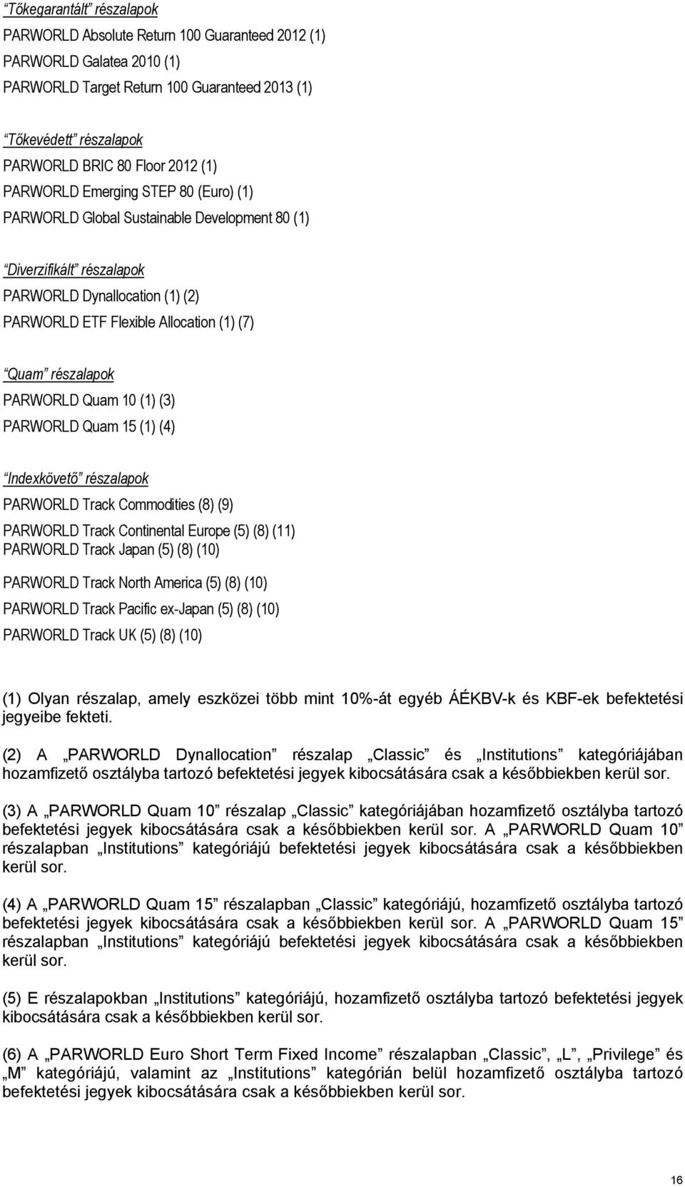 PARWORLD Quam 10 (1) (3) PARWORLD Quam 15 (1) (4) Indexkövető részalapok PARWORLD rack Commodities (8) (9) PARWORLD rack Continental Europe (5) (8) (11) PARWORLD rack Japan (5) (8) (10) PARWORLD rack