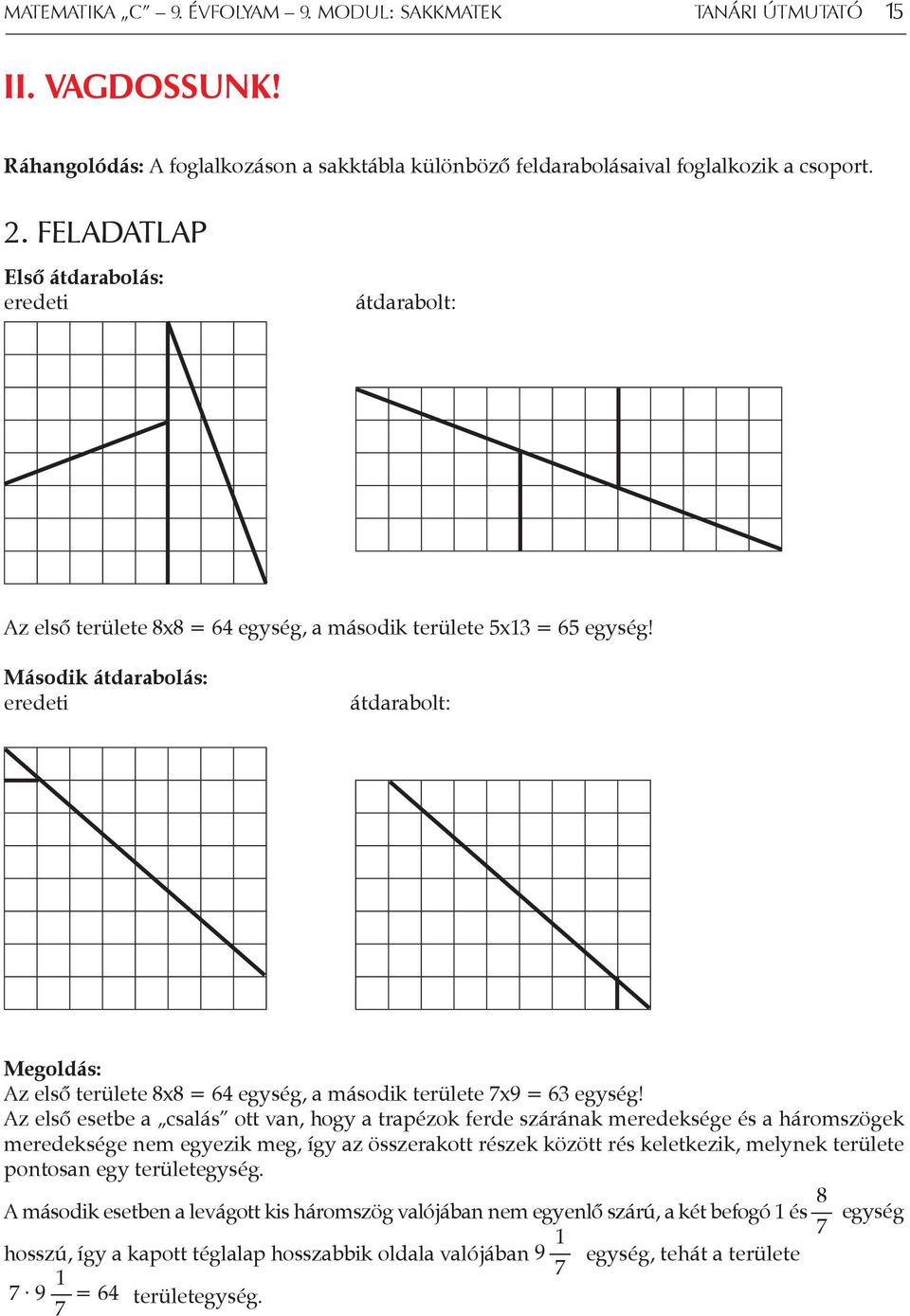 Második átdarabolás: eredeti átdarabolt: Megoldás: Az első területe 8x8 = 64 egység, a második területe 7x9 = 63 egység!