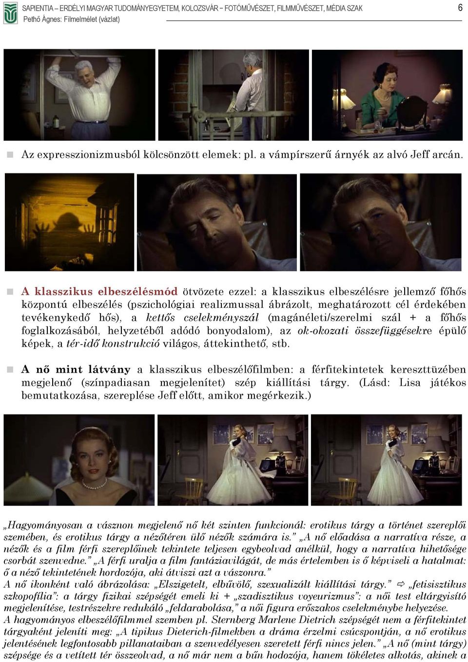 cselekményszál (magánéleti/szerelmi szál + a főhős foglalkozásából, helyzetéből adódó bonyodalom), az ok-okozati összefüggésekre épülő képek, a tér-idő konstrukció világos, áttekinthető, stb.
