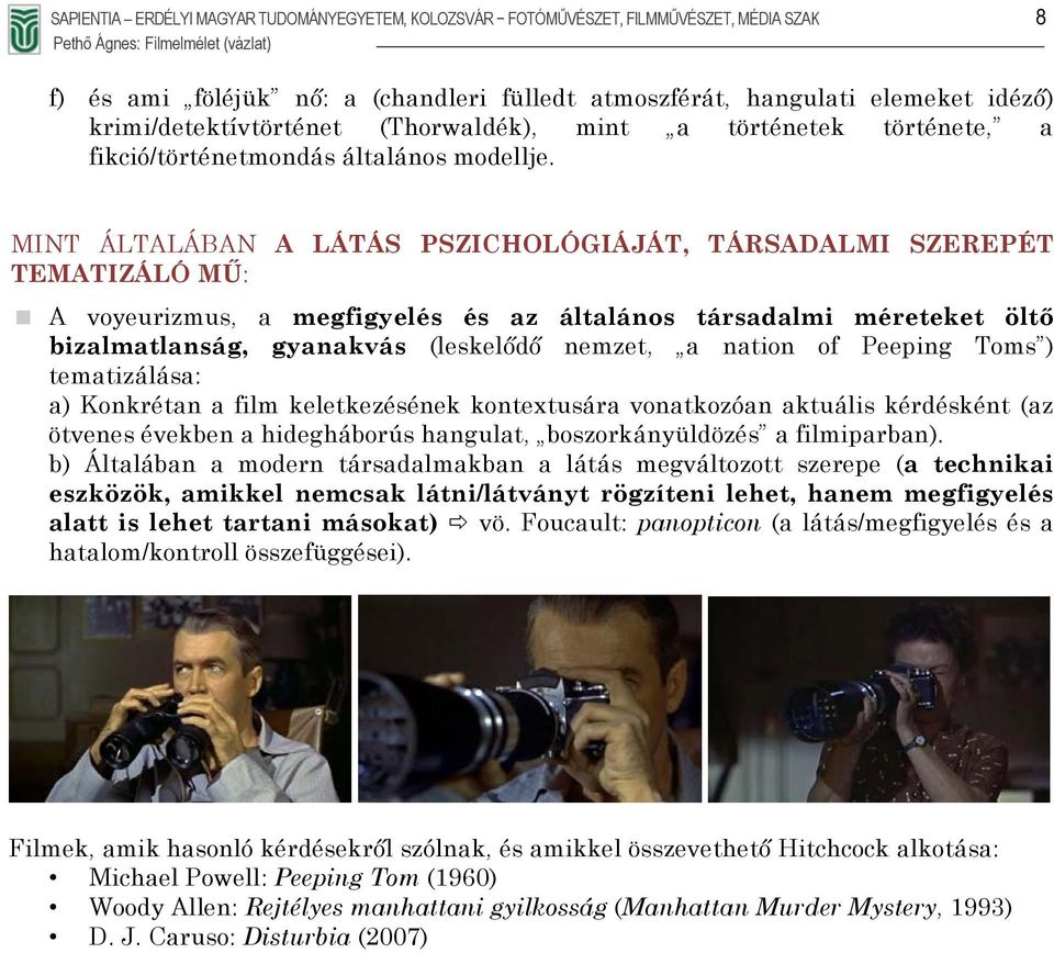 MINT ÁLTALÁBAN A LÁTÁS PSZICHOLÓGIÁJÁT, TÁRSADALMI SZEREPÉT TEMATIZÁLÓ MŰ: A voyeurizmus, a megfigyelés és az általános társadalmi méreteket öltő bizalmatlanság, gyanakvás (leskelődő nemzet, a nation