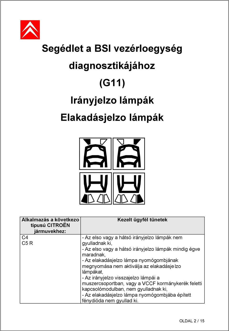 Az elakadásjelzo lámpa nyomógombjának megnyomása nem aktiválja az elakadásjelzo lámpákat, - Az irányjelzo visszajelzo lámpái a muszercsoportban, vagy