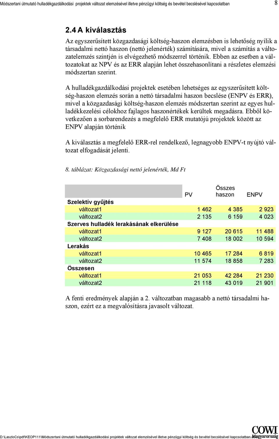 elvégezhető módszerrel történik. Ebben az esetben a változatokat az NPV és az ERR alapján lehet összehasonlítani a részletes elemzési módszertan szerint.