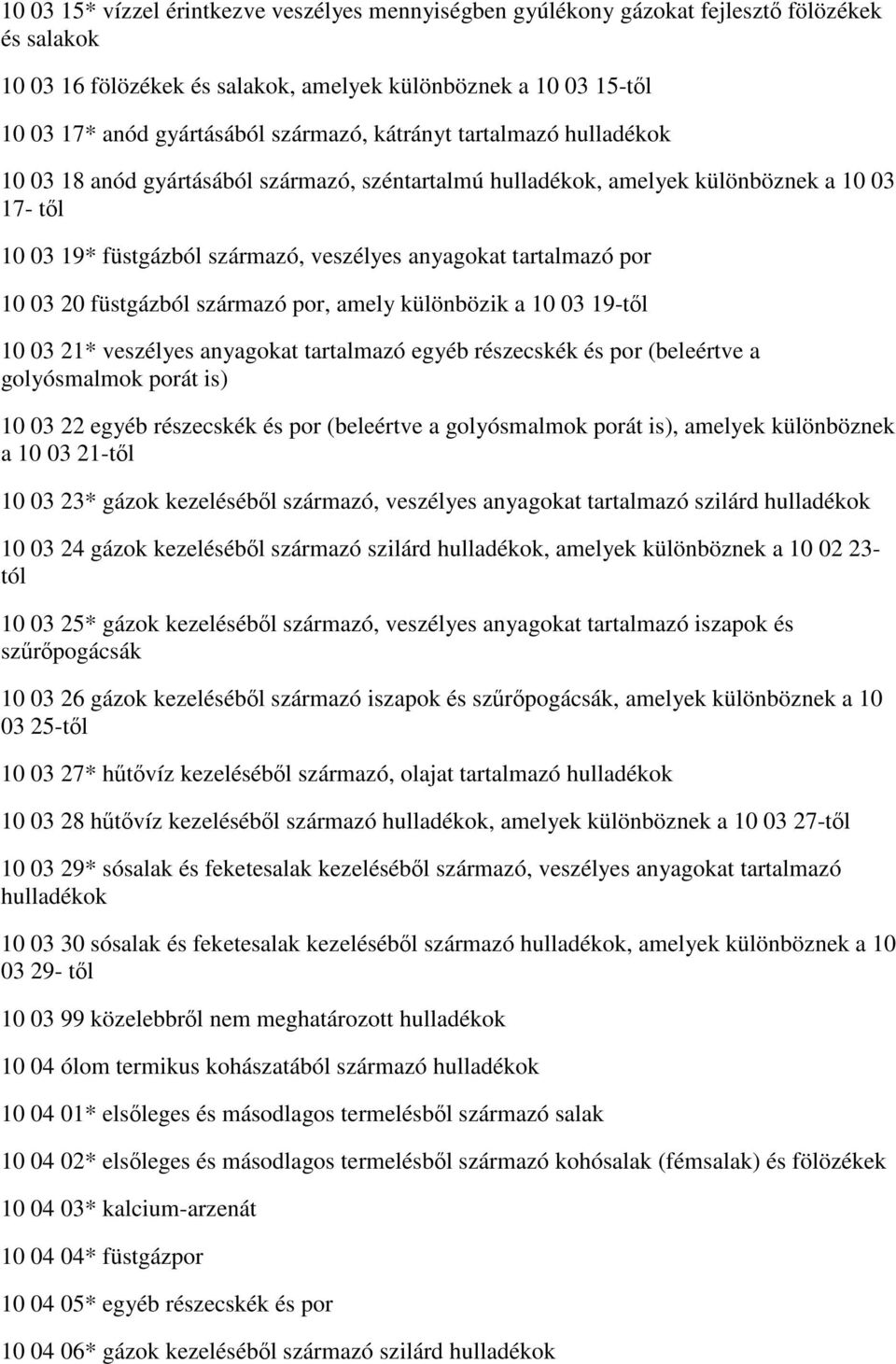 por 10 03 20 füstgázból származó por, amely különbözik a 10 03 19-től 10 03 21* veszélyes anyagokat tartalmazó egyéb részecskék és por (beleértve a golyósmalmok porát is) 10 03 22 egyéb részecskék és