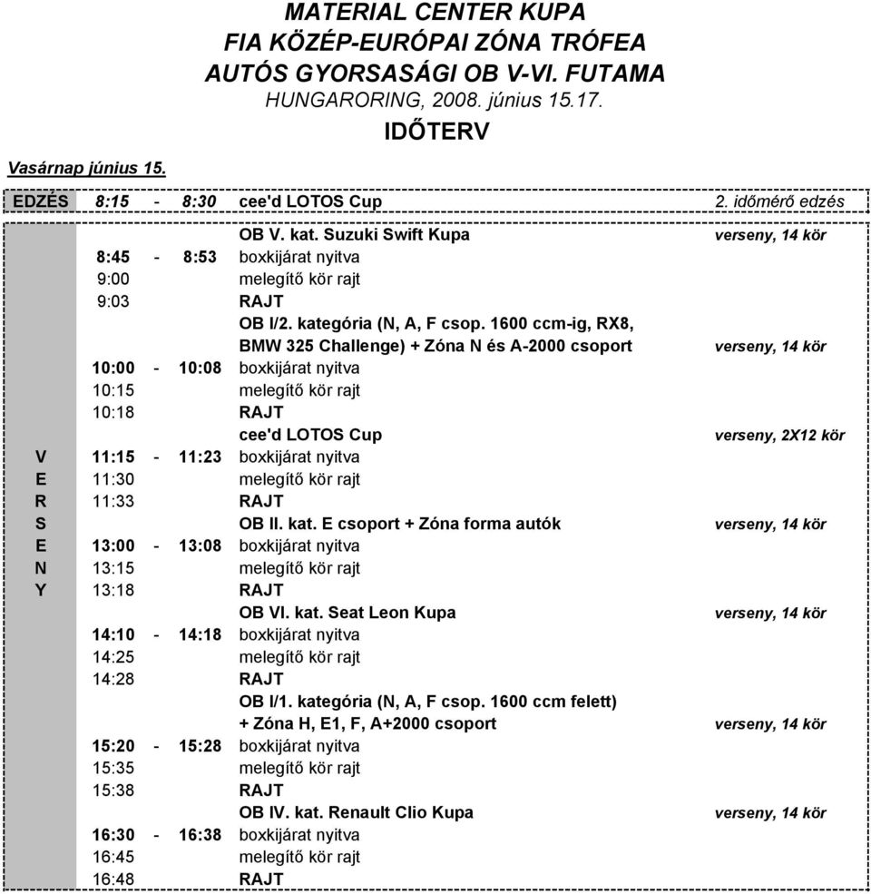 1600 ccm-ig, RX8, BMW 325 Challenge) + Zóna N és A-2000 csoport 10:00-10:08 boxkijárat nyitva 10:15 melegítő kör rajt 10:18 RAJT cee'd LOTOS Cup verseny, 2X12 kör V 11:15-11:23 boxkijárat nyitva E