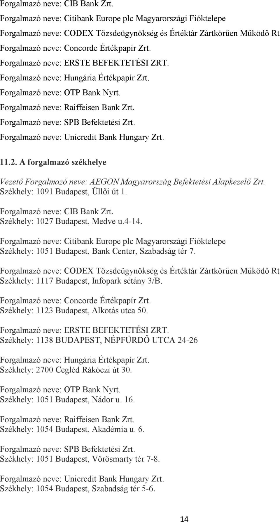 Forgalmazó neve: ERSTE BEFEKTETÉSI ZRT. Forgalmazó neve: Hungária Értékpapír Zrt. Forgalmazó neve: OTP Bank Nyrt. Forgalmazó neve: Raiffeisen Bank Zrt. Forgalmazó neve: SPB Befektetési Zrt.