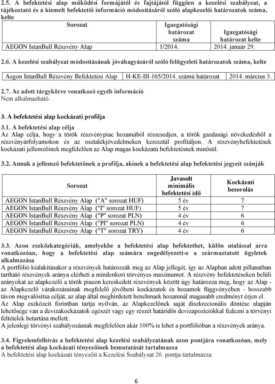 A kezelési szabályzat módosításának jóváhagyásáról szóló felügyeleti határozatok száma, kelte Aegon IstanBull Részvény Befektetési Alap H-KE-III-165/2014. számú határozat 2014. március 3. 2.7.