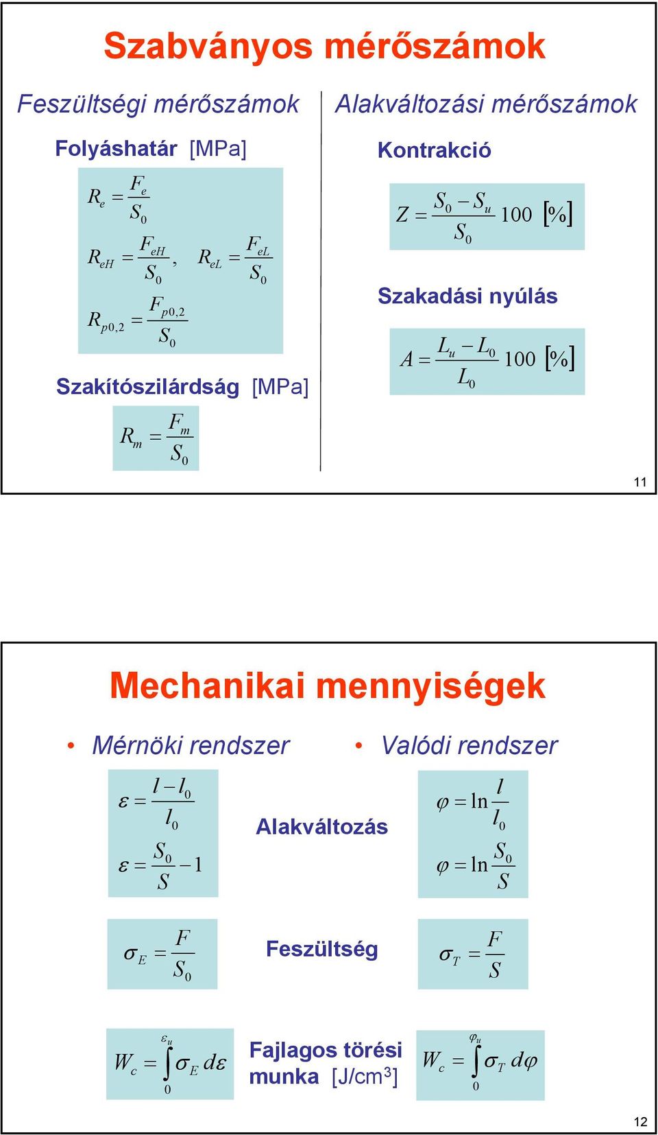 nyúlás [%] 11 Mechanikai mennyiségek Mérnöki renszer l l ε l ε 1 Alakváltozás Valói renszer