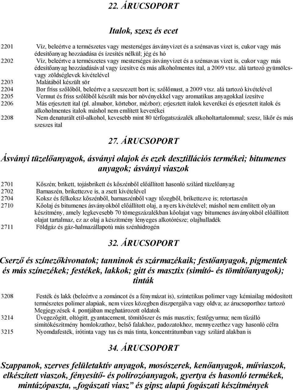 alá tartozó gyümölcsvagy zöldséglevek kivételével 2203 Malátából készült sör 2204 Bor friss szőlőből, beleértve a szeszezett bort is; szőlőmust, a 2009 vtsz.