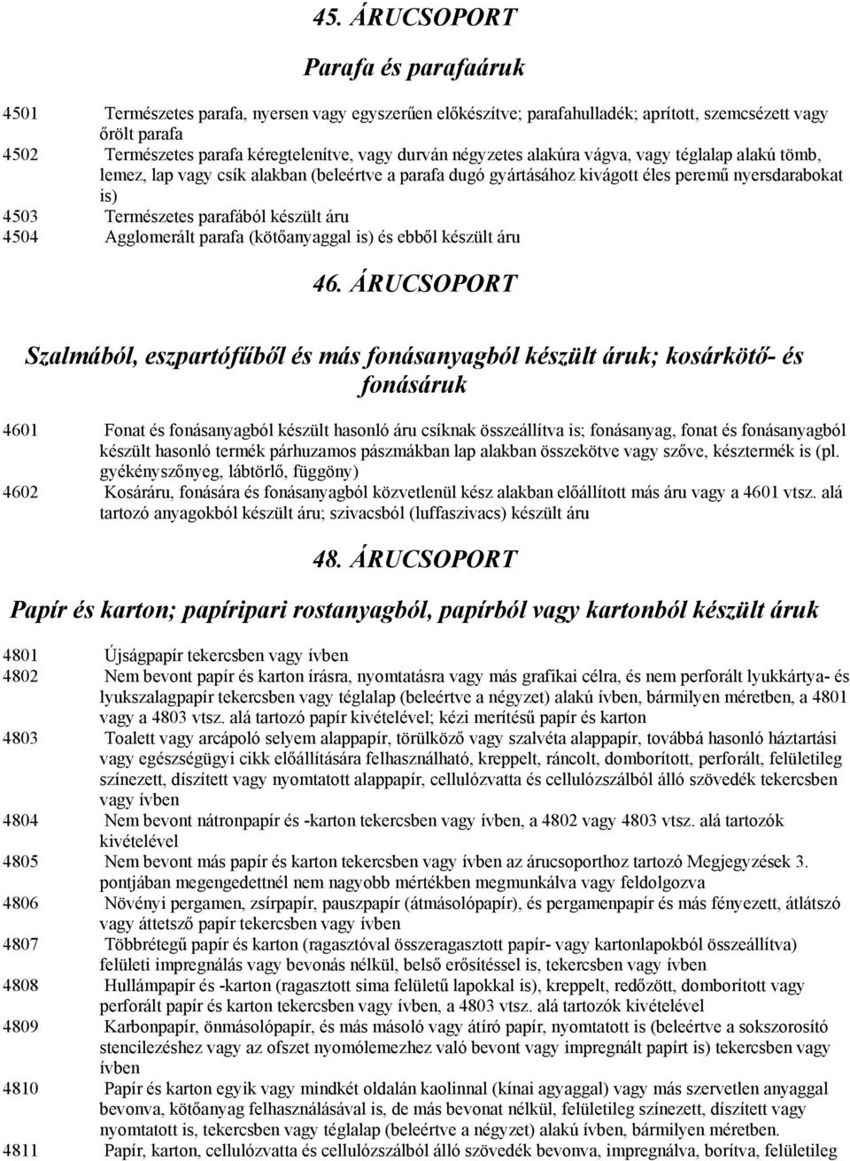 áru 4504 Agglomerált parafa (kötőanyaggal is) és ebből készült áru 46.