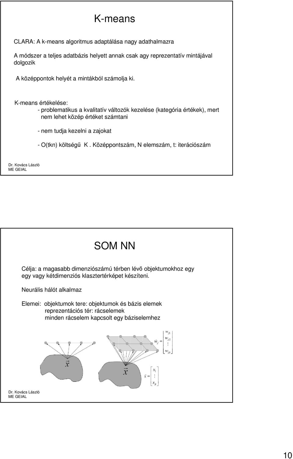 K-means értékelése: - problematikus a kvalitatív változók kezelése (kategória értékek), mert nem lehet közép értéket számtani - nem tudja kezelni a zajokat - O(tkn)