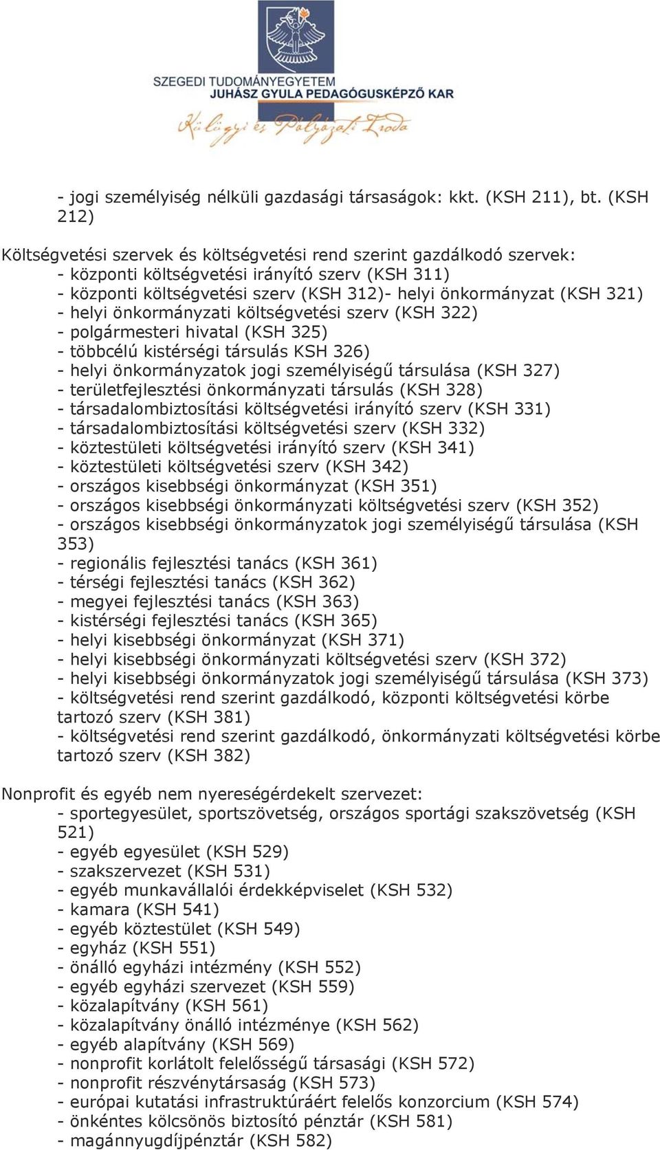 321) - helyi önkormányzati költségvetési szerv (KSH 322) - polgármesteri hivatal (KSH 325) - többcélú kistérségi társulás KSH 326) - területfejlesztési önkormányzati társulás (KSH 328) -