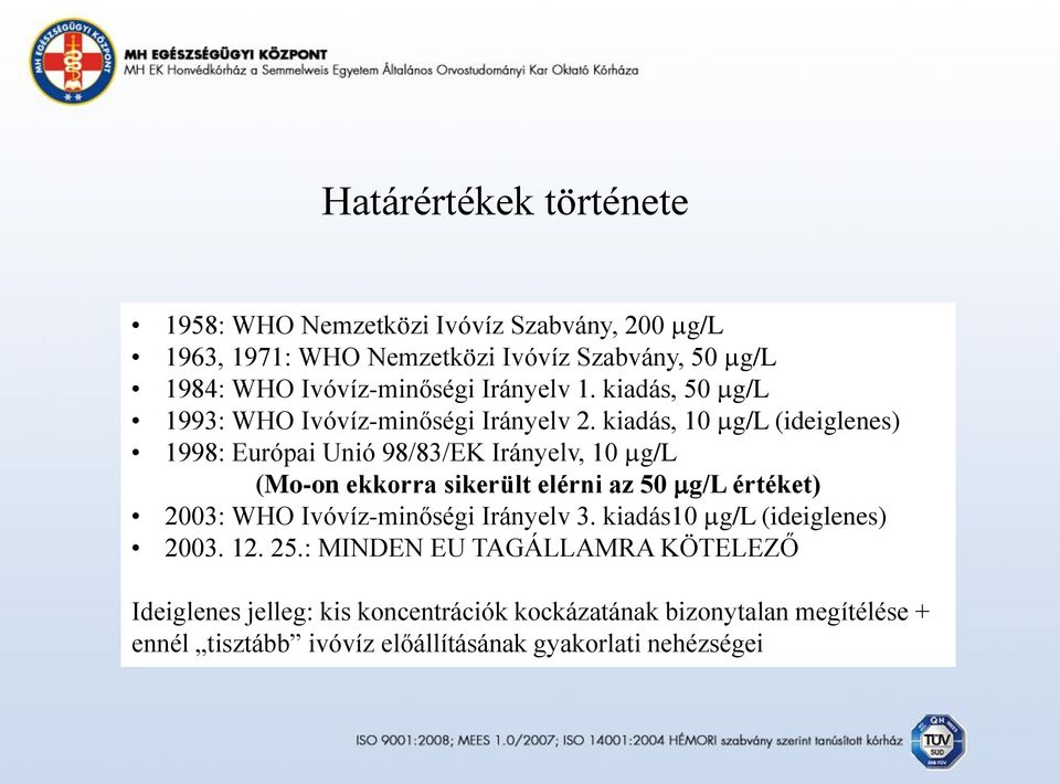 kiadás, 10 mg/l (ideiglenes) 1998: Európai Unió 98/83/EK Irányelv, 10 mg/l (Mo-on ekkorra sikerült elérni az 50 mg/l értéket) 2003: WHO