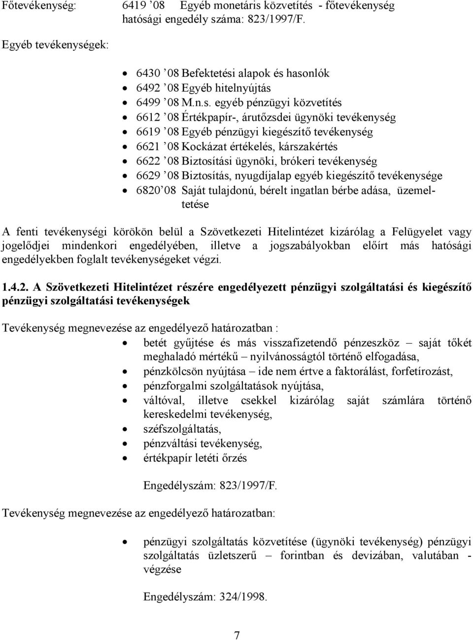 brókeri tevékenység 6629 08 Biztosítás, nyugdíjalap egyéb kiegészítő tevékenysége 6820 08 Saját tulajdonú, bérelt ingatlan bérbe adása, üzemeltetése A fenti tevékenységi körökön belül a Szövetkezeti