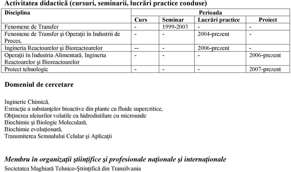 Proiect tehnologic - - - 2007-prezent Domeniul de cercetare Inginerie Chimică, Extracţie a substanţelor bioactive din plante cu fluide supercritice, Obţinerea uleiurilor volatile cu hidrodistilare cu