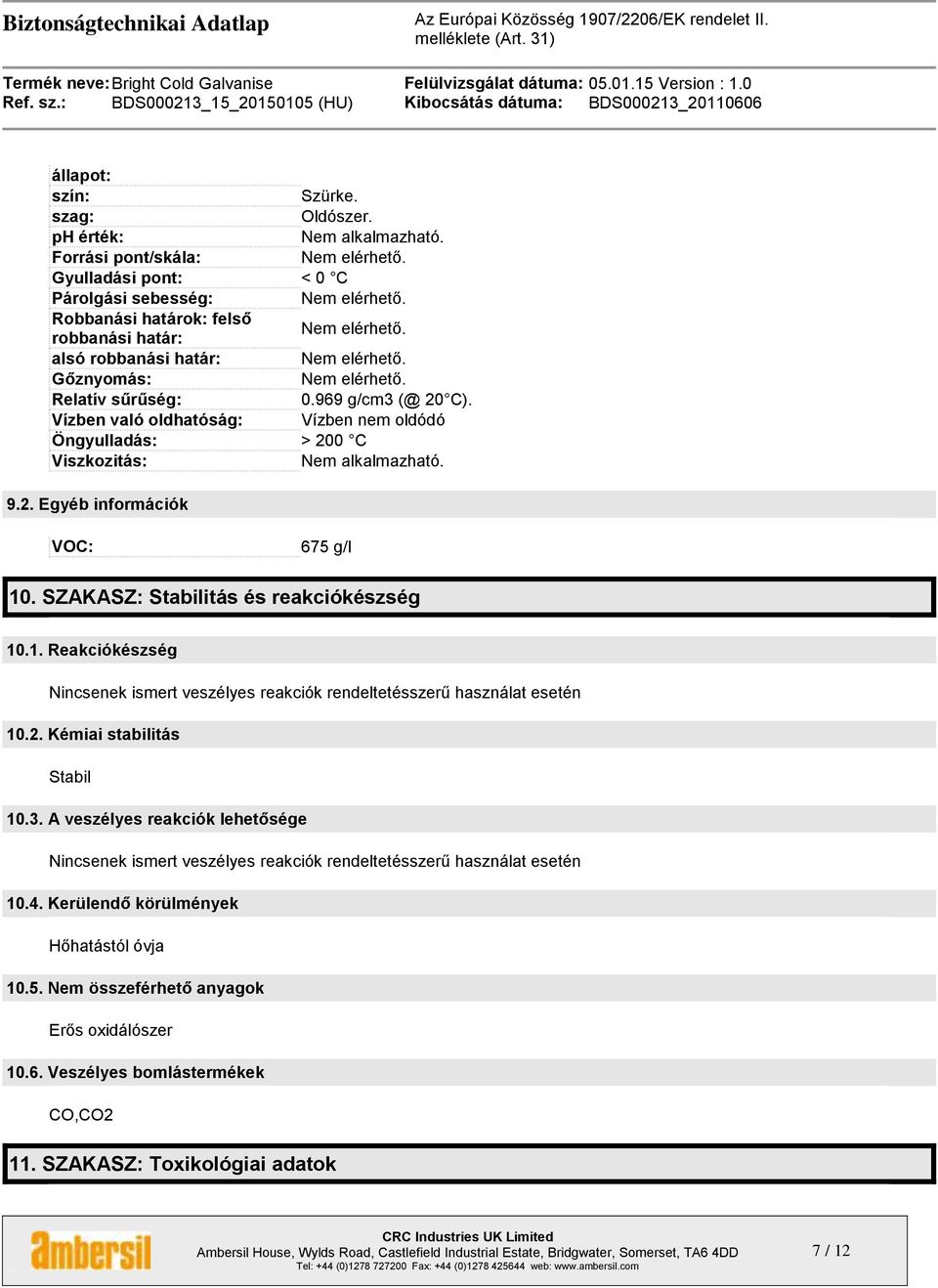 Vízben való oldhatóság: Vízben nem oldódó Öngyulladás: > 200 C Viszkozitás: Nem alkalmazható. 9.2. Egyéb információk VOC: 675 g/l 10